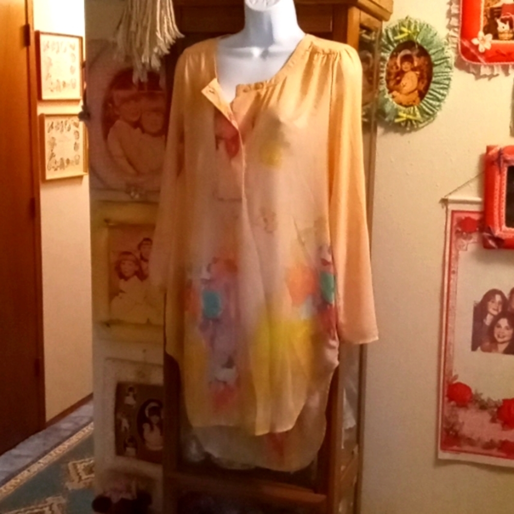 Peach Colored BIG Boho Inspired Shirt with Floral Detail & Roll Up Long Sleeves